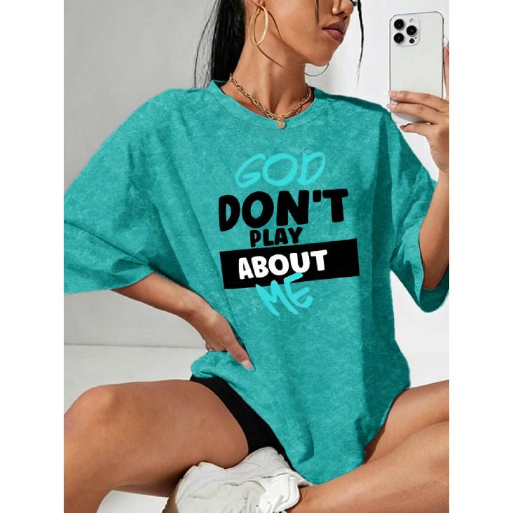 Women s Snowflake Print Short Sleeve Shirt T Shirt GOD DON T PLAY ABOUT ME Letter-printed round neck, casual and elegant, vintage style, S