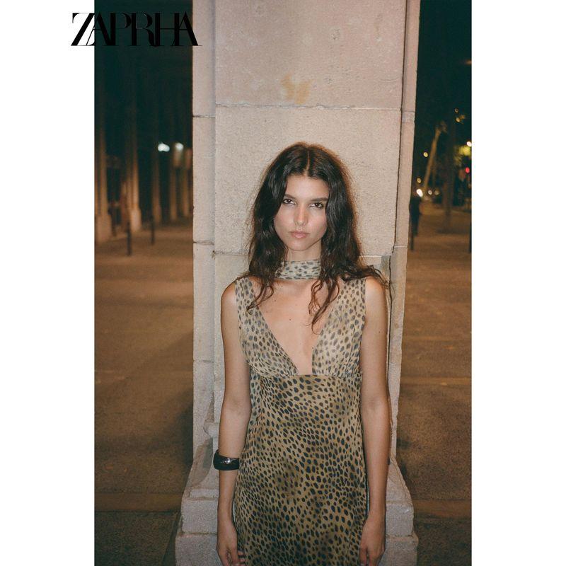 Zaprha 2025 Autumn New V-neck Wide Shoulder Strap Animal Pattern Print Scarf Mid-Length Dress 8692114