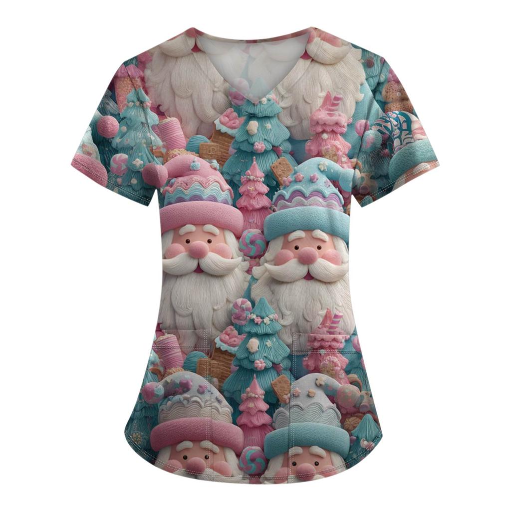 Women's Fashion Printed Short Sleeve V Neck Pattern Tops Pocket Working T-shirts