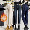 Haren Fleece Jeans for Women Autumn and Winter High Waist Loose Tight Waist Carrot Dad Pants for Women
