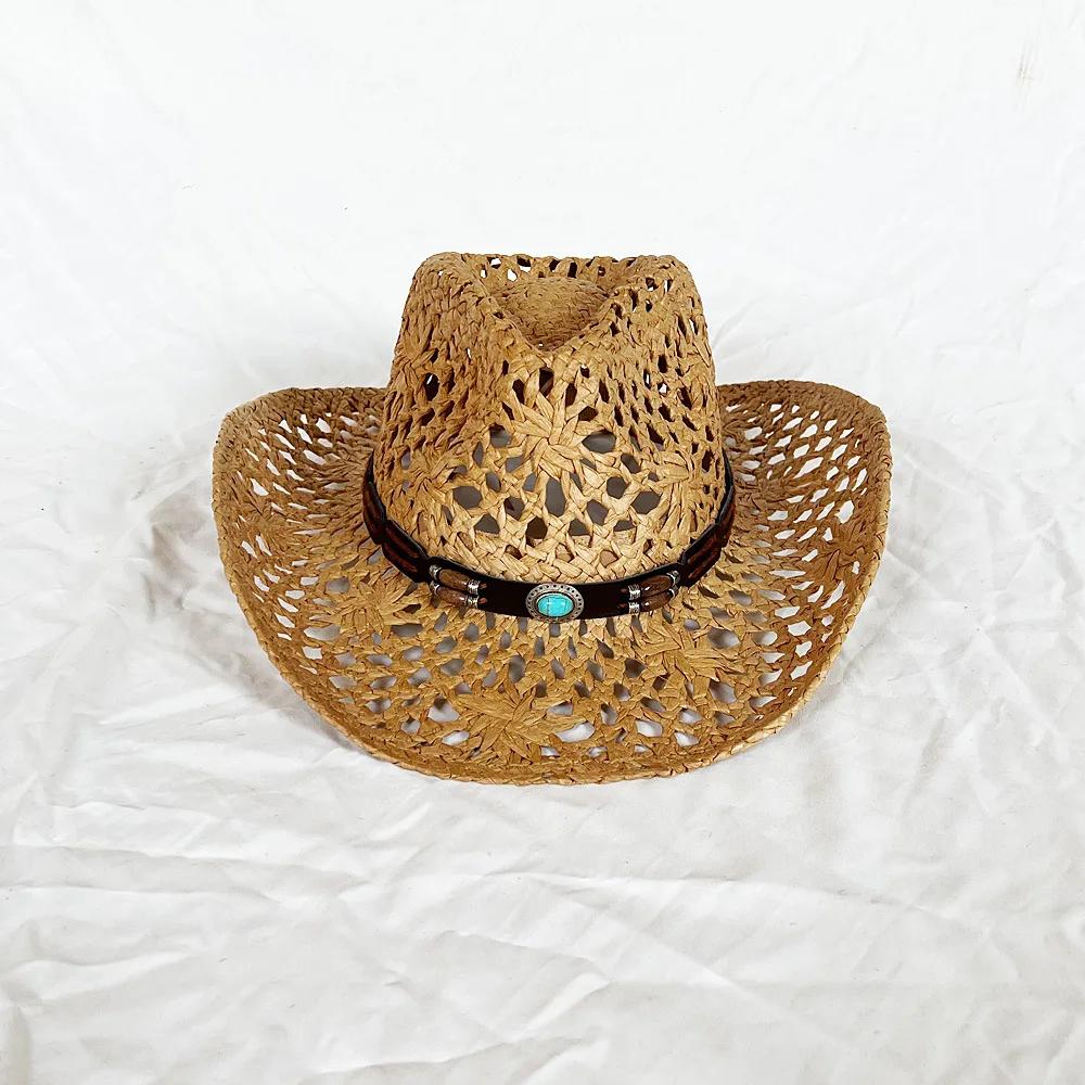 Summer Women's Men's Ethnic Style Western Cowboy Straw Hat Punk Style Handmade Hollow Sun Hat Rolled Edge Sunscreen Beach Cap