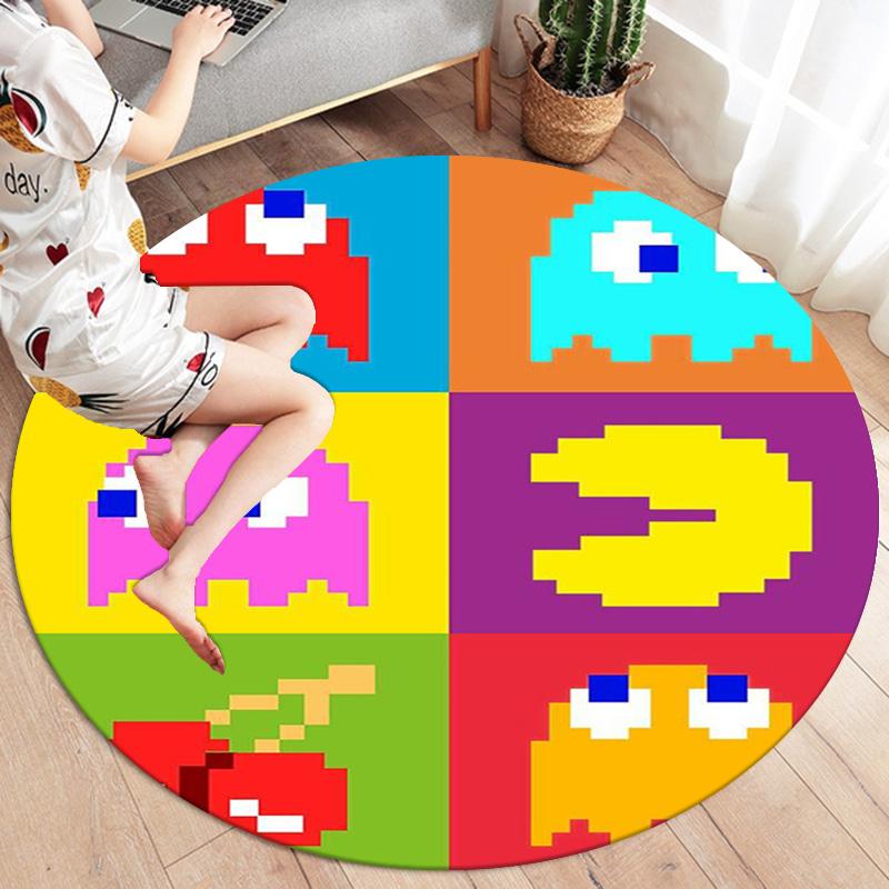 Covor rotund Pac-Man, Covor pentru camera de zi, dormitor, canapea, cameră de joacă, Covoraș antiderapant pentru podea