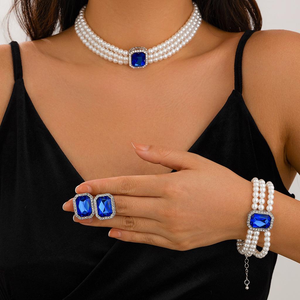 Salircon Fashion Elegant Blue Zircon Imitation Pearl Necklace Bracelets Earings Set for Women Temperament Wedding Bride Jewelry