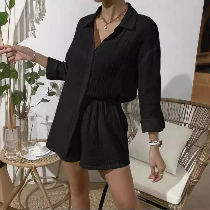 Women's Spring and Summer Fashion Solid Color Long-sleeved Shirt Suit Women's Casual Loose Shorts Two-piece Suit