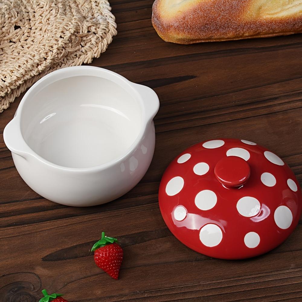 1pc Charming Red Mushroom-Shaped Ceramic Soup Bowl with Handle and Lid , Ideal for French Onion Soup, Pot Pies, Cereals