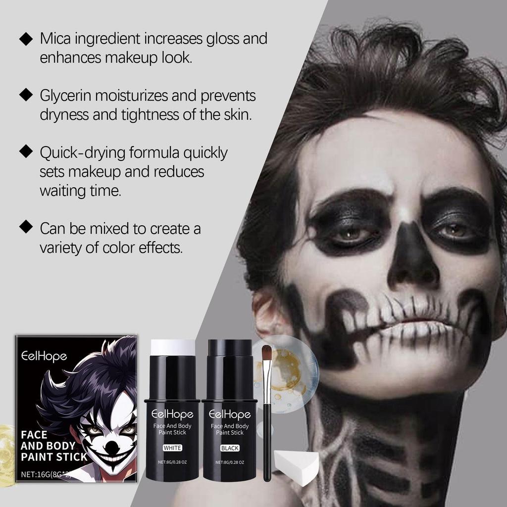 Halloween Black White Face Body Paint Kit Full Coverage Lighweight Foundation Clown Joker Makeup Festive Makeup Accessories Set