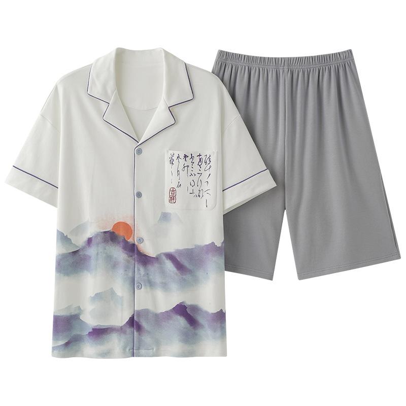 Men's Two-Piece Pajamas Chinese Retro National Style Summer Cotton Pajamas Short-Sleeved Shorts Cardigan Homewear Suit