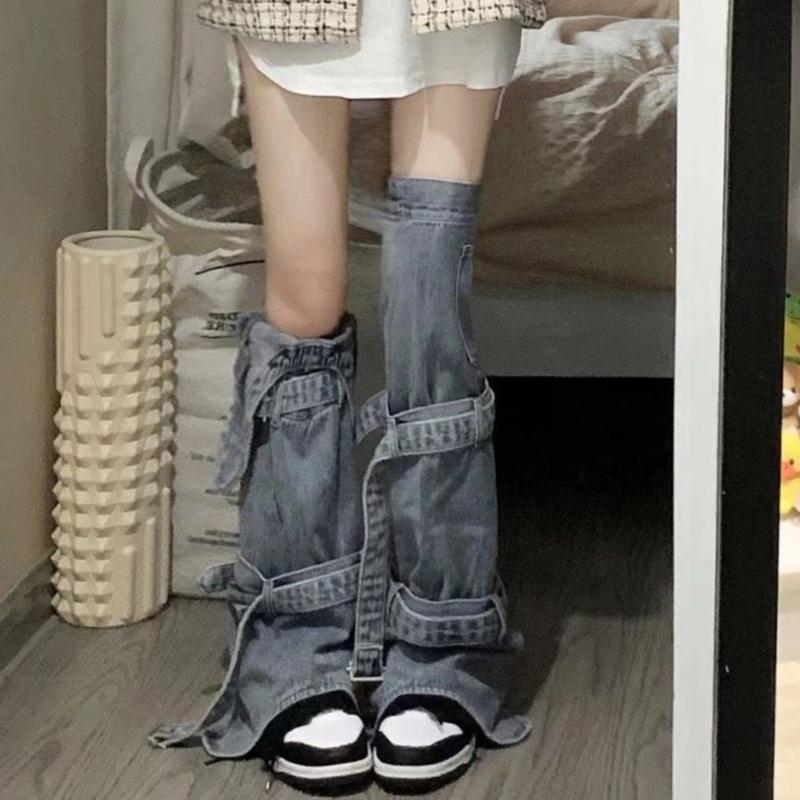 Womens Harajuku Punk Rock Denim Leg Warmer Socks Gothic Bandage Buckled Knee High Foot Cover Aesthetic Grunge Streetwear
