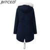 BITCED Women's Cotton-Lined White Fur-Trimmed Parka Mid-Length Hooded Winter Warm Fleece Coat