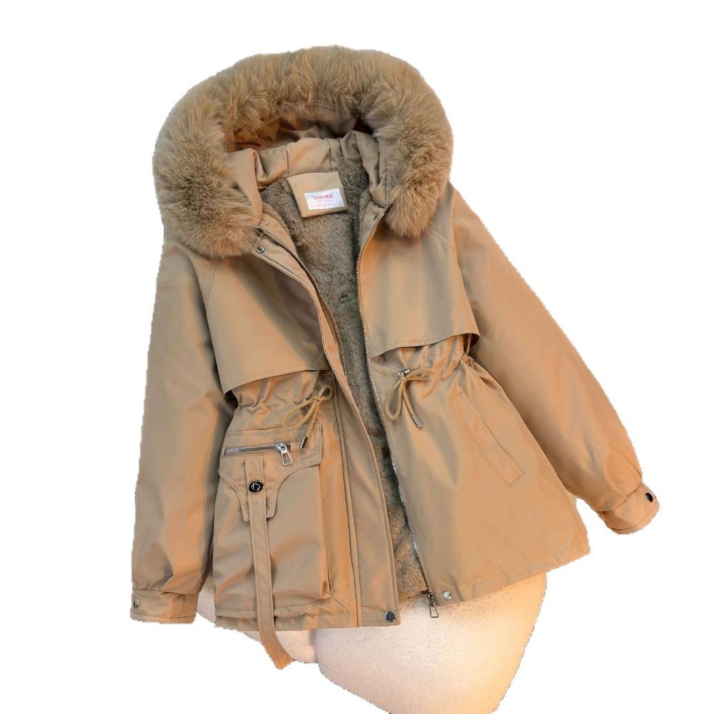 Women's Winter Parka Coat Large Fur Collar Fashion Versatile Fleece Lined All-In-One Warm Jacket Thick Outerwear