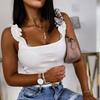 Tank Tops Frauen Quadrat Kragen Solide Stricken Casual Grundlegende Sommer Gerippte Schlanke Rüschen Tops Frauen