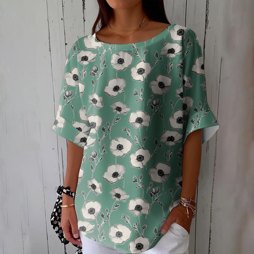 Women's Fashionable Casual Round Neck Printed Top Loose Top Printed Top Loose Top