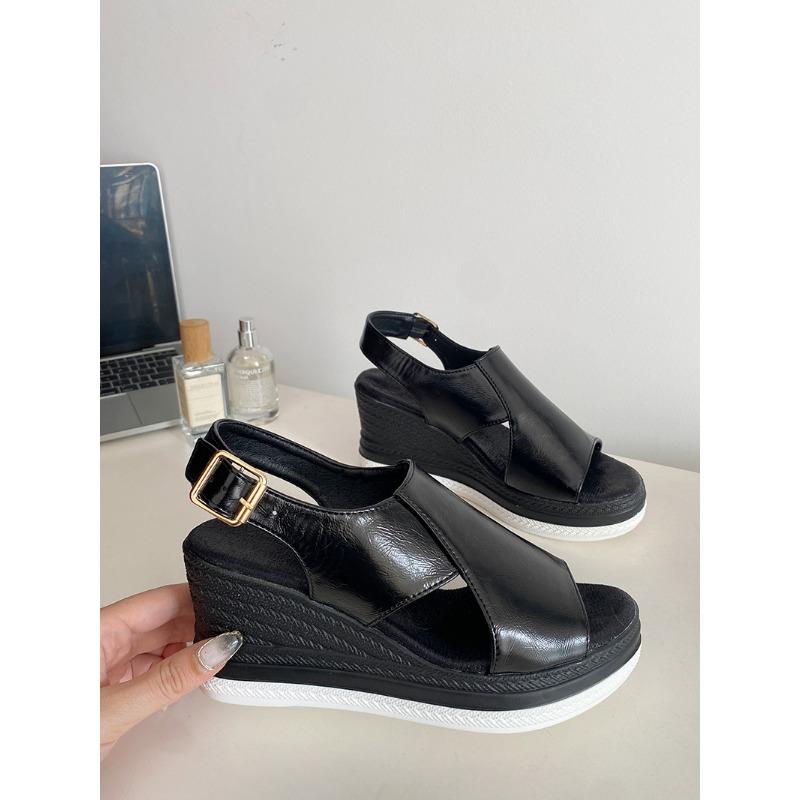 Summer fashion sandals large size one-word buckle with muffin wedge heel platform beach sandals