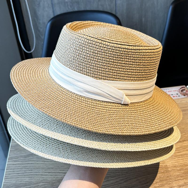 Flat top sunshade straw hat women's summer sunscreen hat seaside beach vacation photo sun hat