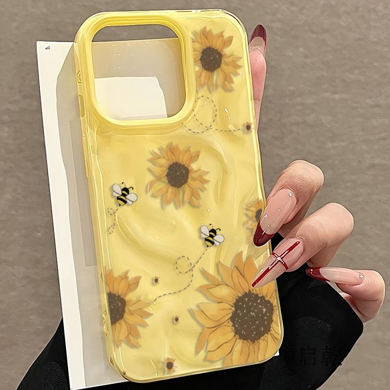 Sunflower Bee Illustration Pattern Phone Case for Iphone 17 Air 16 16e 15plus 14 13 12 11 Pro Max Simple Wrinkled Texture Cover