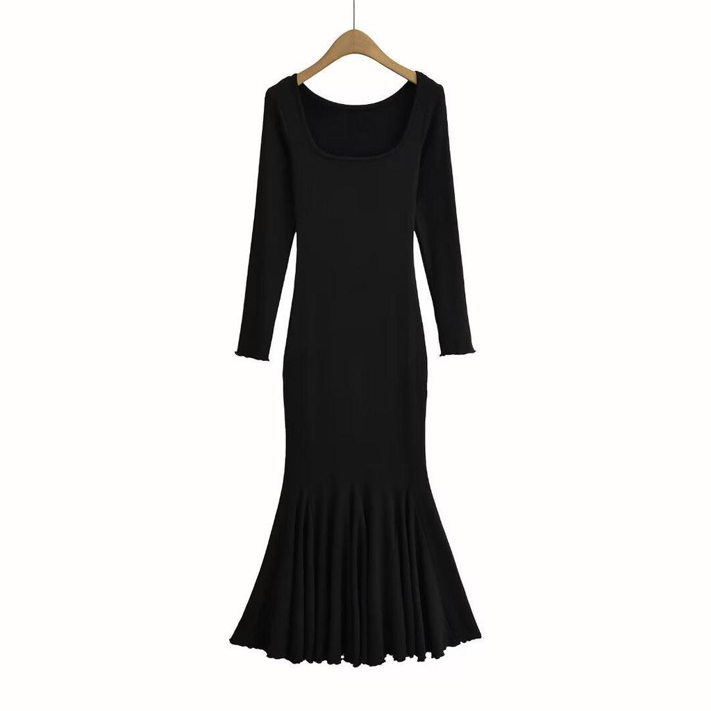 2025 quadratischer Halsausschnitt Fischschwanz-Kleid mit Fleece-Futter – Mehrfarbig, Langarm, Eleganter Stil für Pendeln und Verabredungen