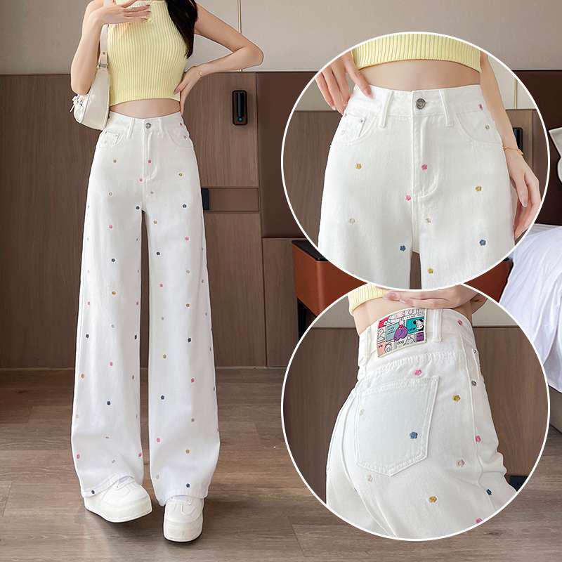 

Autumn/Winter High Waist White Polka Dot Wide-Leg Jeans for Women, Slimming and Floor-Length. 4XL білий