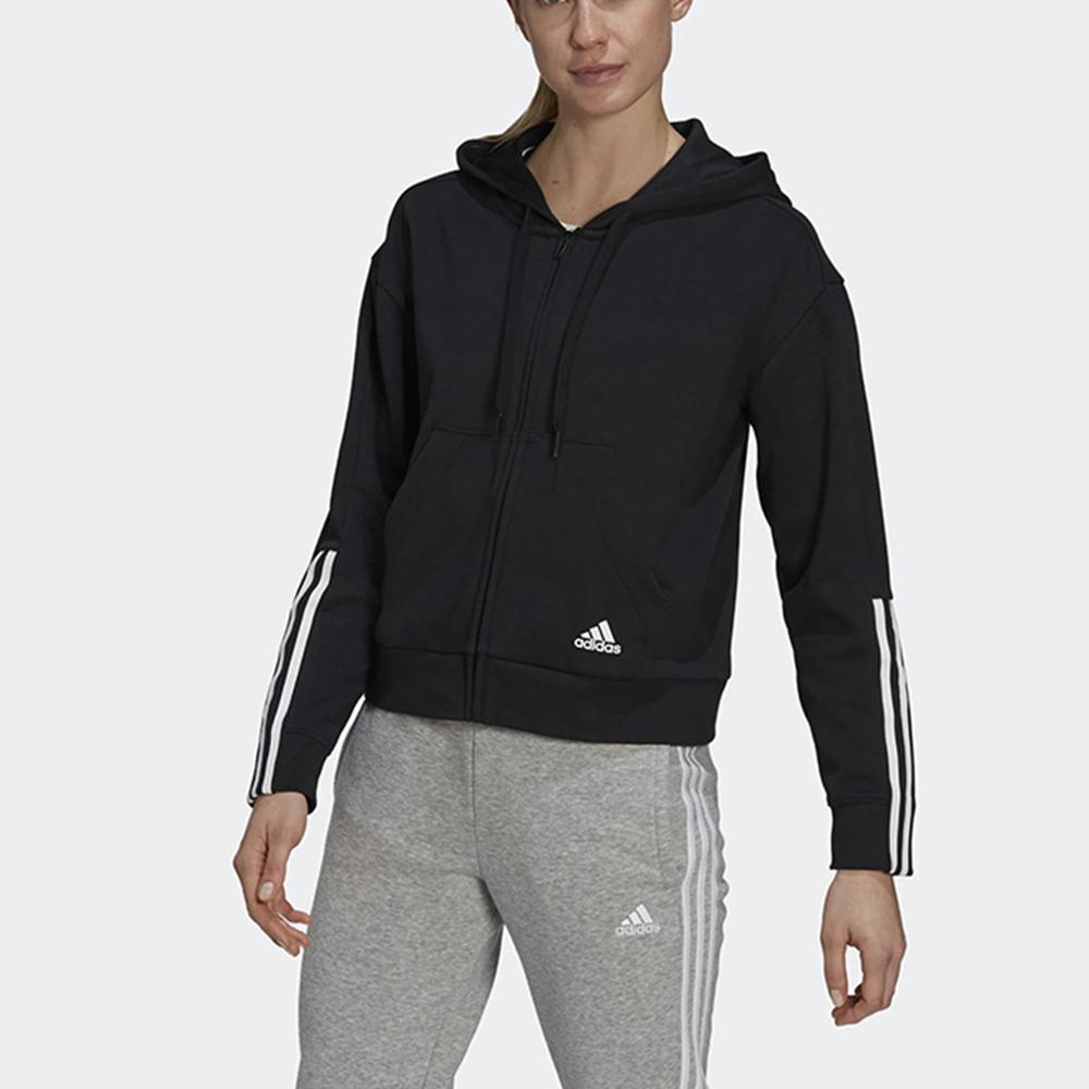 Adidas Logo Striped Hooded Sports Jacket Women Jackets Black GS1380