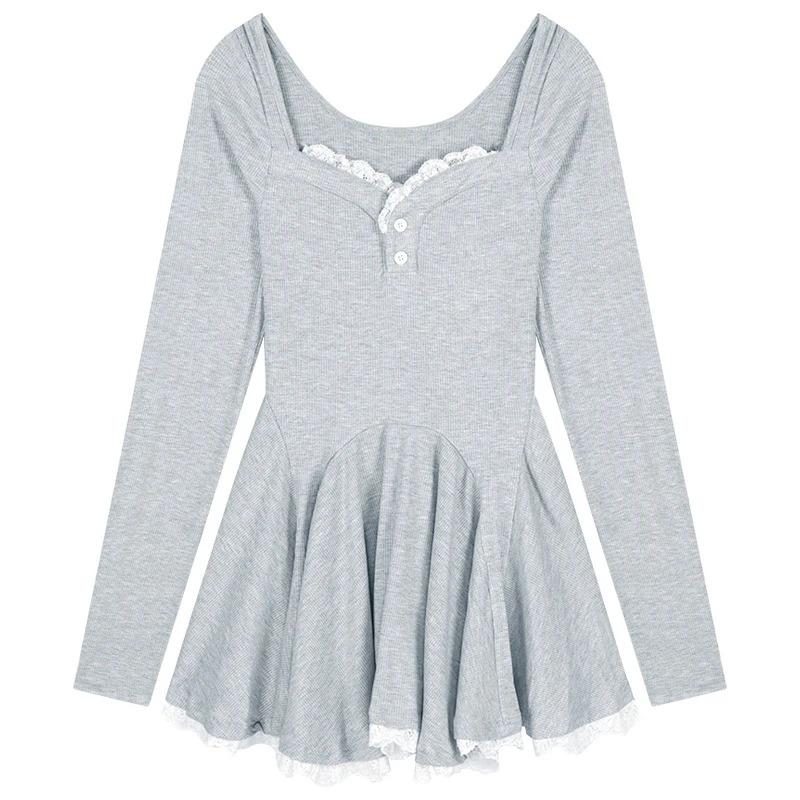 

Сексуальное корейское платье во французском стиле с закрытой талией и длинными рукавами, открытая ключица, милая повседневная вечерняя одежда, летняя мода M серый