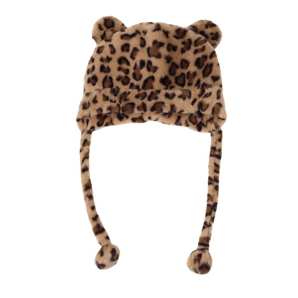 Star Leopard Print Plush Lei Feng Hat Women's Autumn and Winter Thickened Cold-proof and Warm Ear Protection Hat Cute Bear Headhat