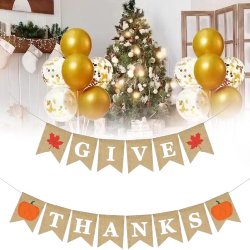 Letter Give Thanks Banner Burlap Flag Banners Thanksgiving Party Decorations