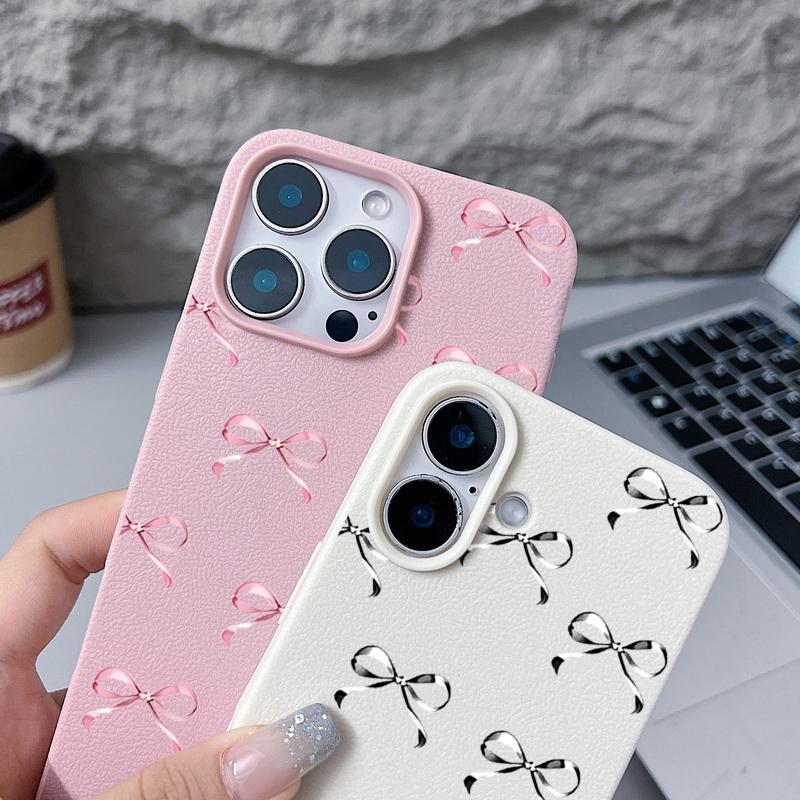 Bowknot Pattern TPU Leather Texture Phone Case For iPhone 16 Pro Max 15 Pro 14 13 12 11 Solid Color Matte Shockproof Slim Soft Bumper Cover
