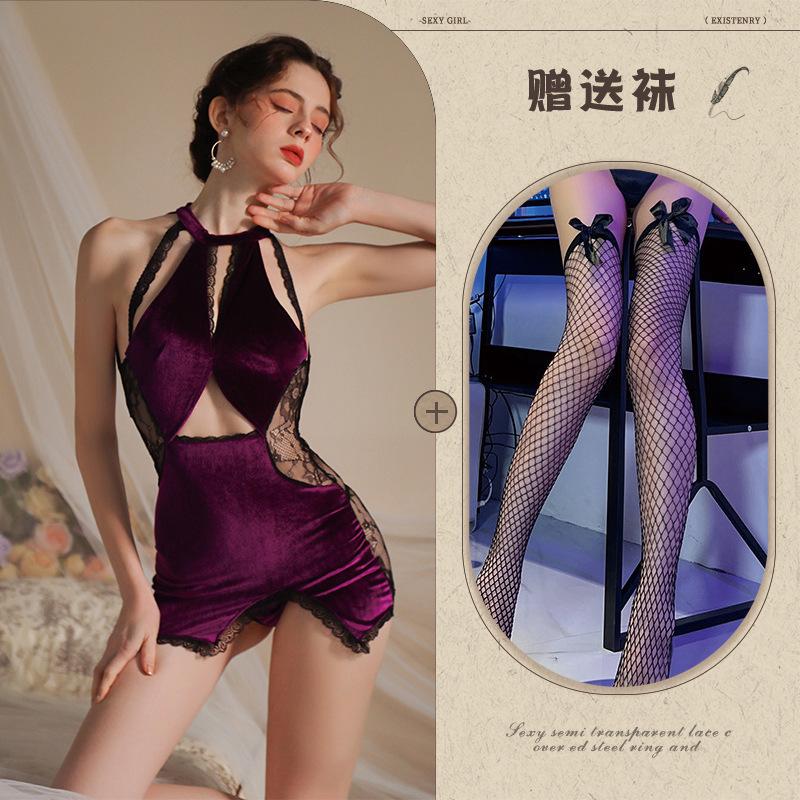 Sexy underwear pure lace splicing velvet temperament thin purple charm neck classical cheongsam