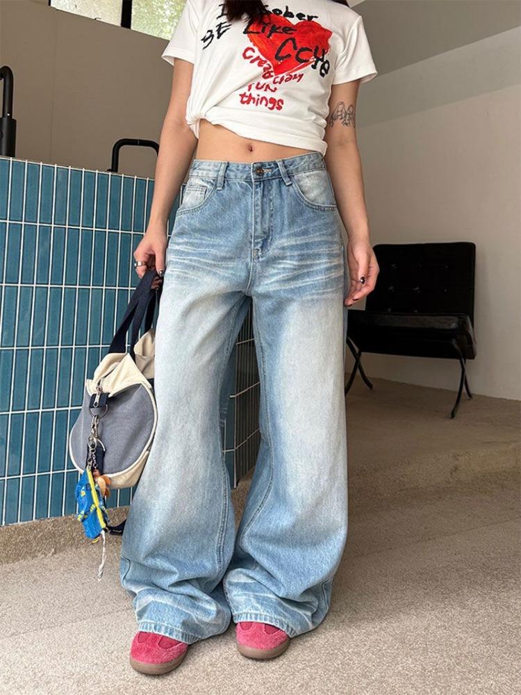 Design Sense Creases Doing The Old Washed Jeans Women Loose Wide Leg Pants High Waist Drag Floor Long Pants Jeans for Women Long Denim Pants