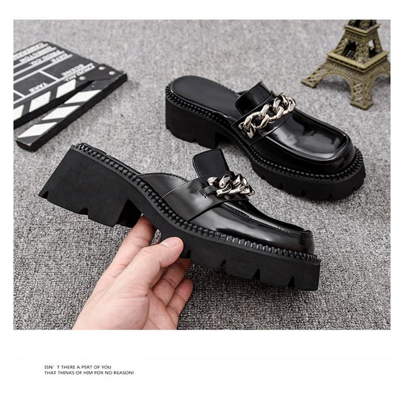 New Women Mules Black Leather Platform Silver Chain Squared Toe Casual Chunky Heels Rubber Lightly Summer Shoes Female