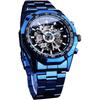 Forsining Men's Automatic Skeleton Watch Blue Black Stainless Steel Band Waterproof Luxury Timepiece