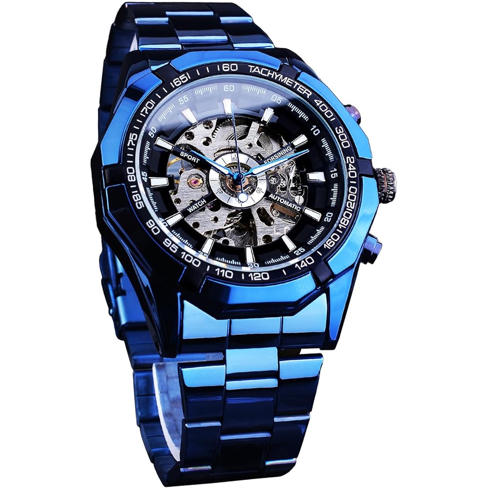 Forsining Men s Automatic Skeleton Watch Blue Black Stainless Steel Band Waterproof Luxury Timepiece