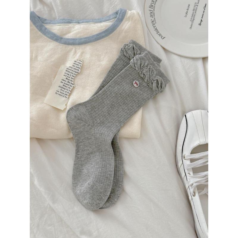 Floral-patterned Socks with Children s Butterfly Knot Fabric Label and Buttons; Women s Thick Socks; Mid-length Socks; Summer Lightweight Style 1 pair
