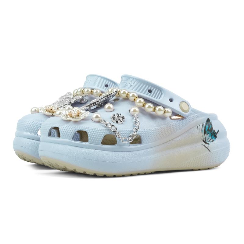 Crocs Crush Clog Spring Butterfly Letter EVA Butterfly Deconstructed Natural Fresh Pearl Decorative Buckle Hole Shoes Unisex Light Blue
