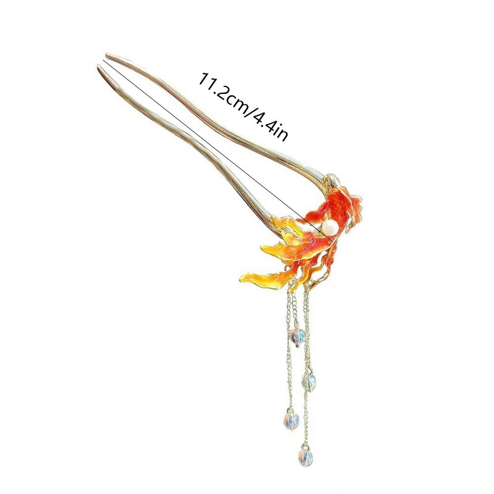 Chinese Style Metal Red Fish U-Shape Hair Sticks for Women Vintage Tassel Beads Hair Forks Hanfu Wedding Party Hair Accessories