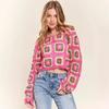 Handmade Crochet Rainbow Block Pullover: Forest Style Round Neck Long Sleeve Sweater