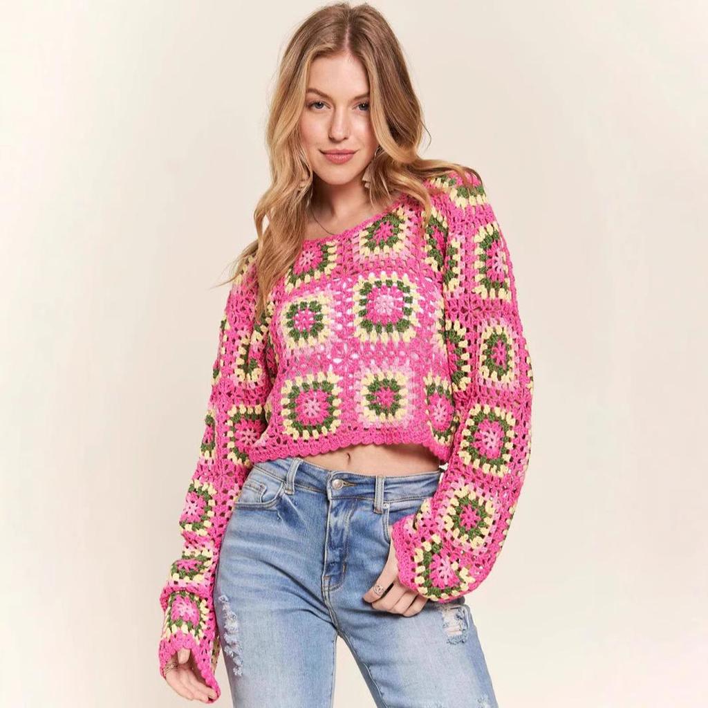 Handmade Crochet Rainbow Block Pullover: Forest Style Round Neck Long Sleeve Sweater