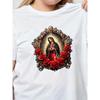 European Size Women's Virgin Mary & Roses Print T-Shirt -Catholic Religious Short Sleeve Round Neck Blouse, Spring Summer Casual Top for Church Events