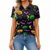 Women's Short Sleeve Button Down Collared Top with Halloween Print - Casual Fashion Blouse with Side Slits