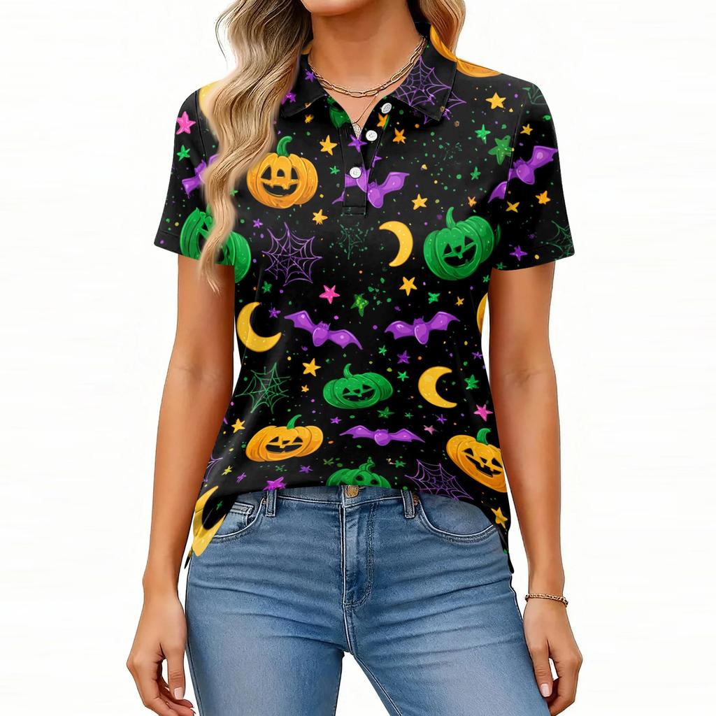 Women's Short Sleeve Button Down Collared Top with Halloween Print - Casual Fashion Blouse with Side Slits
