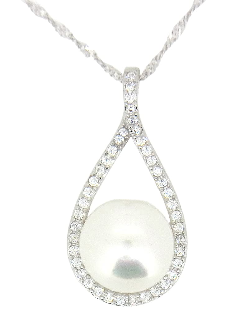 

Platinum Silver Zirconia [Glam Jewelry] Necklace, Drop, Pearl, Women s, Gift, Girlfriend, Popular, Finish, 925, Hypoallergenic, белый