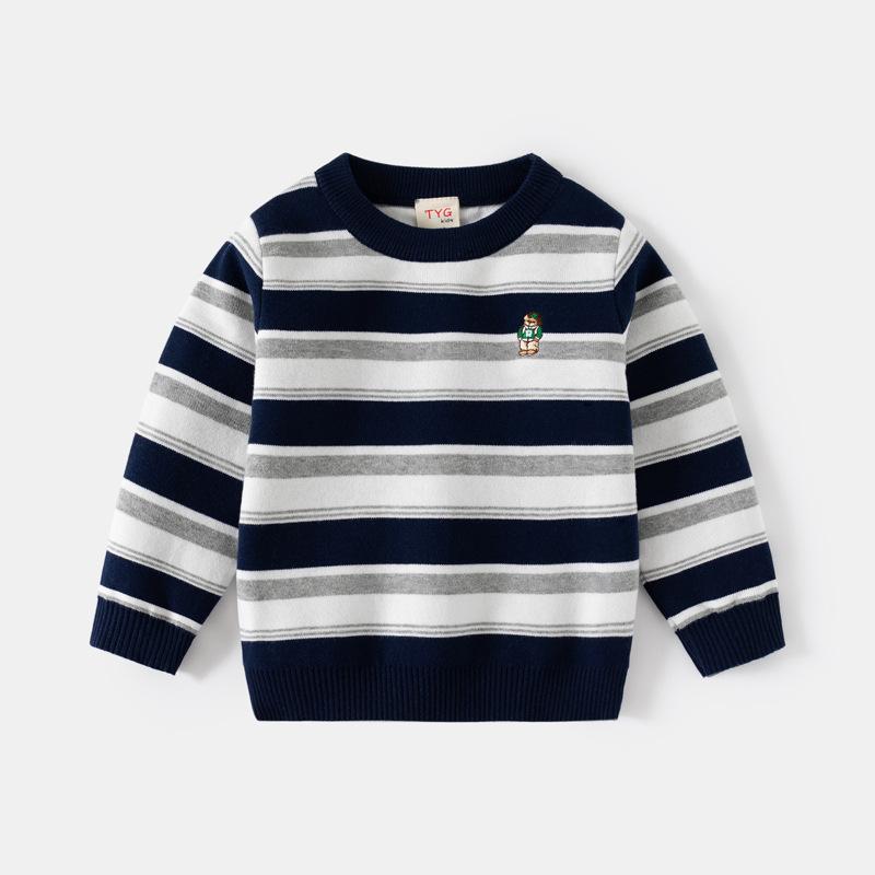

Детский свитер в европейском и американском стиле для мальчиков, двухслойный, хлопчатобумажная нить, вышитый полосатый медведь, вязаный свитер Tide 140 тёмно-синий
