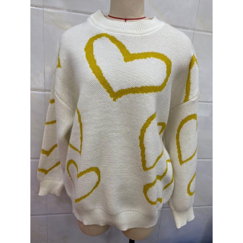 

Осень и зима новая мода круглый вырез любовь контрастный свитер женский свободный жаккардовый пуловер вязаный свитер XL жёлтый