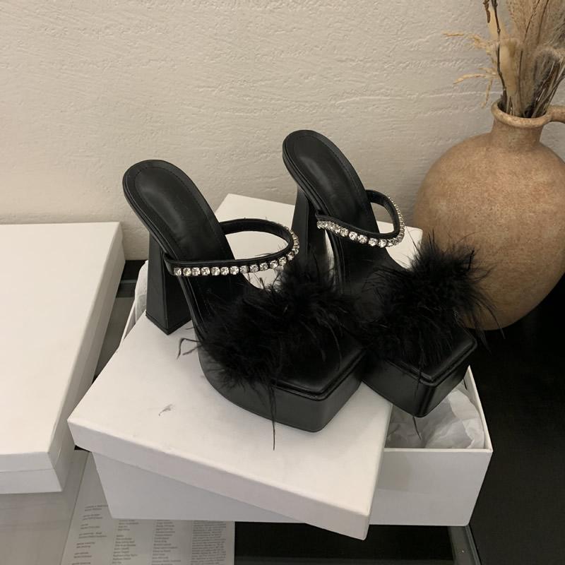 

Мех Супер Высокий Каблук Женские Сандалии Кристалл Платформа Шлепанцы Обувь Женщина Лето 2025 Сексуальный Квадратный Носок Вечеринка Массивные Туфли Мухер 39 чёрный