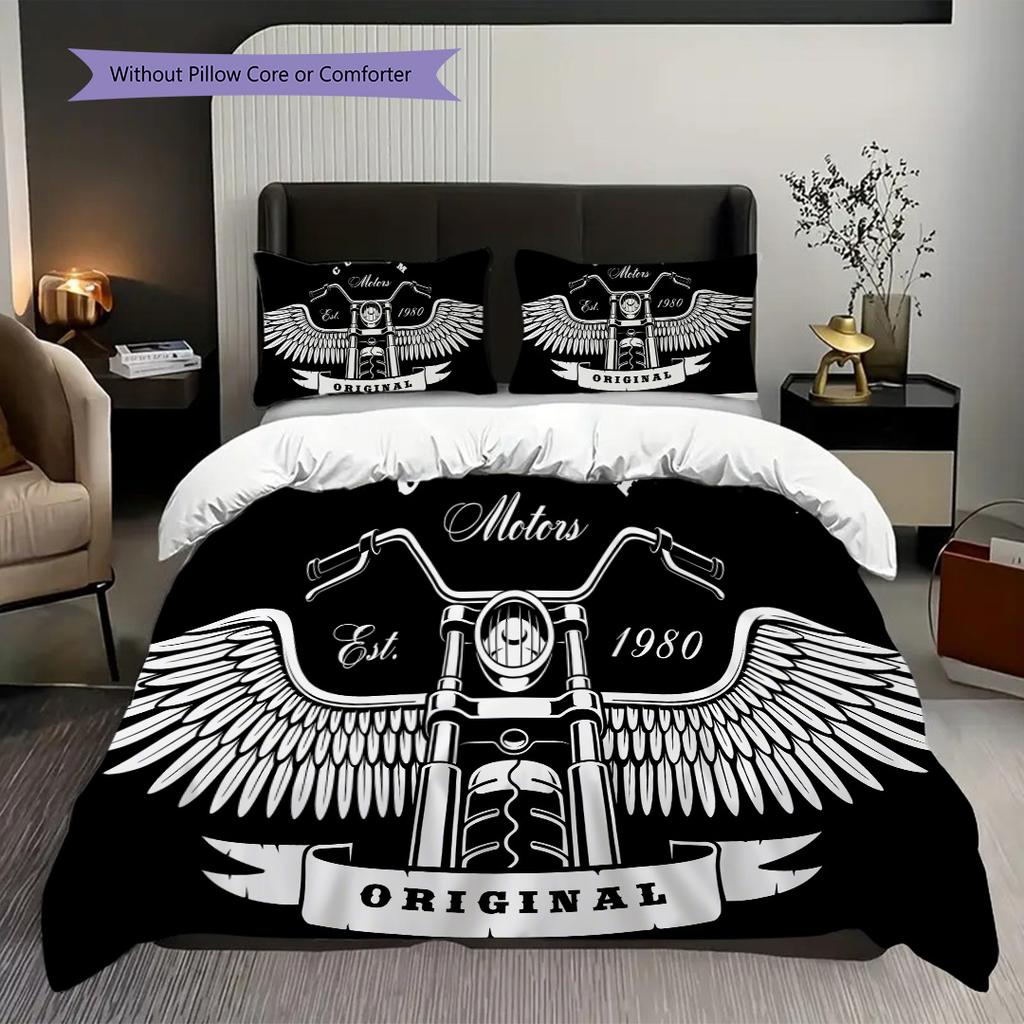 Motorcycle Club Emblem Bedding (1 * Duvet Cover + 2 * Pillowcase, Without Core) 2D Flat Duvet Cover and Pillowcase Bedding Set Soft and Comfortable