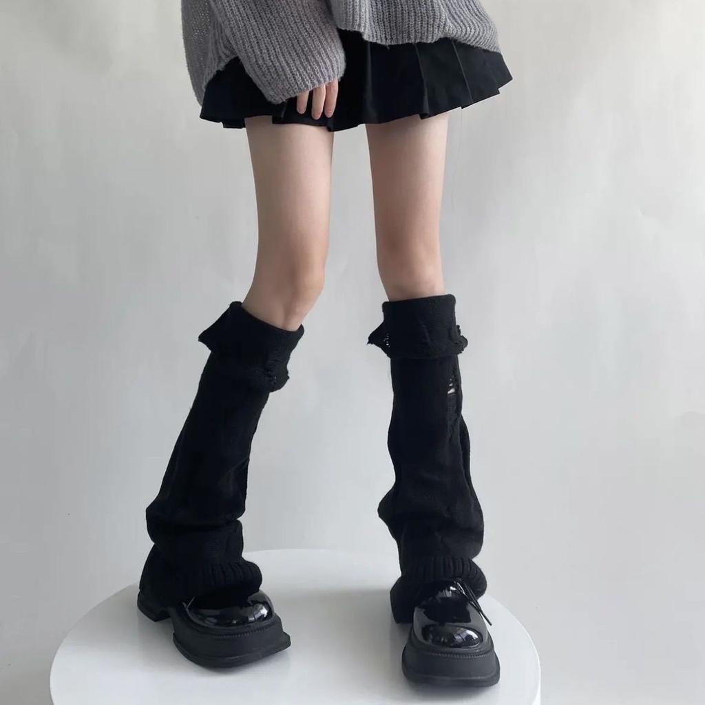 Autumn Winter Japanese Y2K Spice Girl Subculture Hole Open Cuffed Ripped Mid-calf Cute Versatile Leg Socks Covers