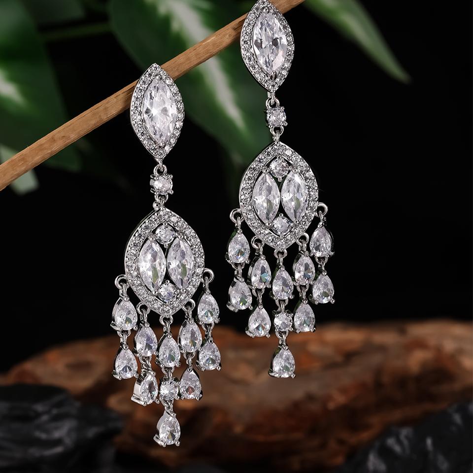 Luxury Leaf Marquise Zircon Long Drop Dangle Earrings Shiny AAA Cubic Zirconia Bridal Women's Wedding Party Zircon Accessories