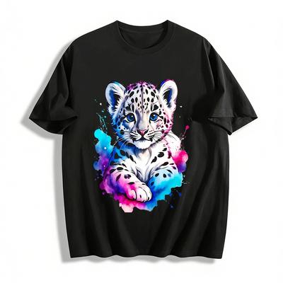 Watercolor Snow Leopard Cub Print Casual Trendy Short Sleeve Top Pure Cotton T-shirt