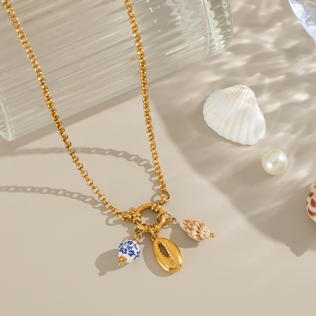 Charms Stainless Steel Conch Seashell Ceramic Beads Pendant Women's Necklace Fashion Summer Jewelry 18K Gold Plated Gift