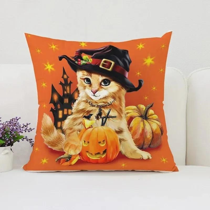 Housse de coussin décorative d'Halloween Chat Citrouille Adaptée pour Maison Salon Canapé Chambre Chambre Housse d'oreiller décorative
