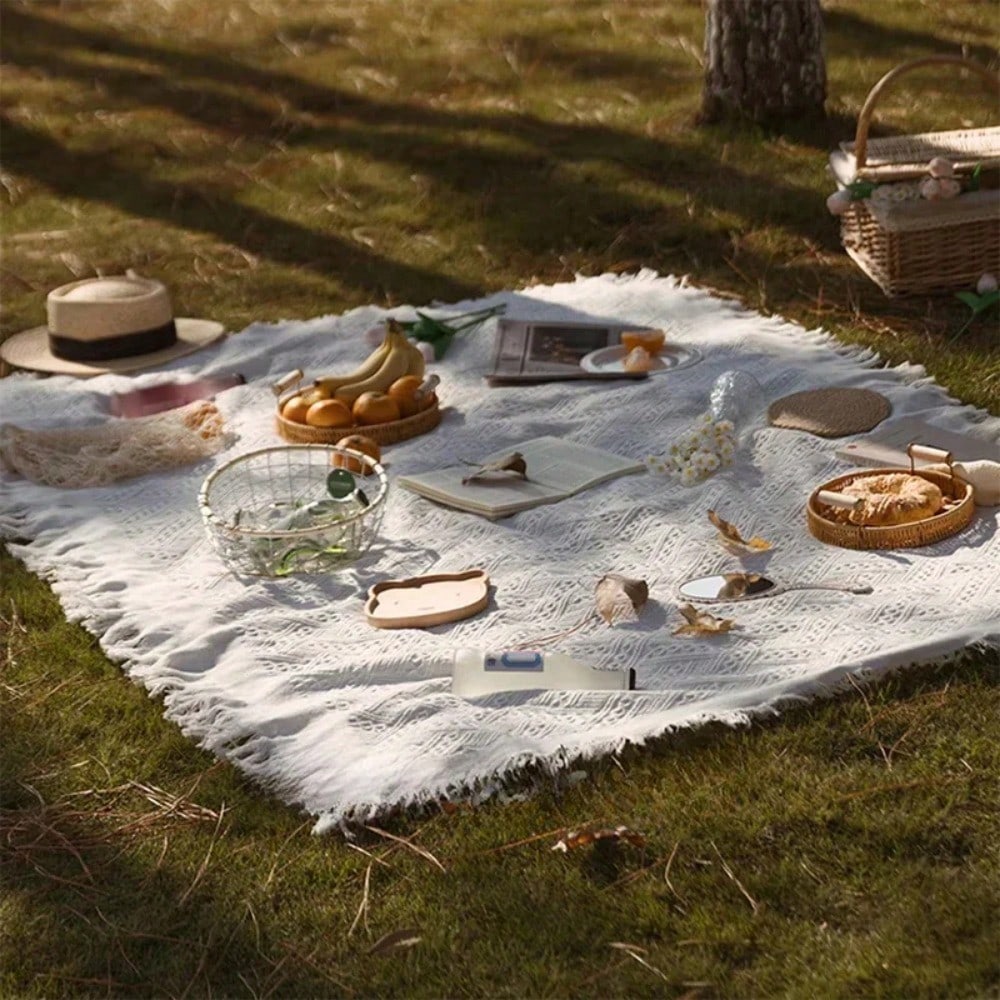 Portable White French Picnic Mat Universal Outdoor Tablecloth Sofa Cushion Camping Tent